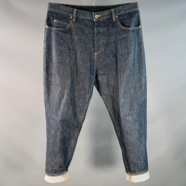 YOSHIO KUBO Size 34 Blue Cotton Blend Twill Contrast Stitch Painted Cuff Cropped Jeans