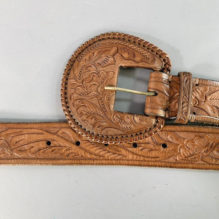 RALPH LAUREN Size M Brown Western Embossed Floral Leather Belt