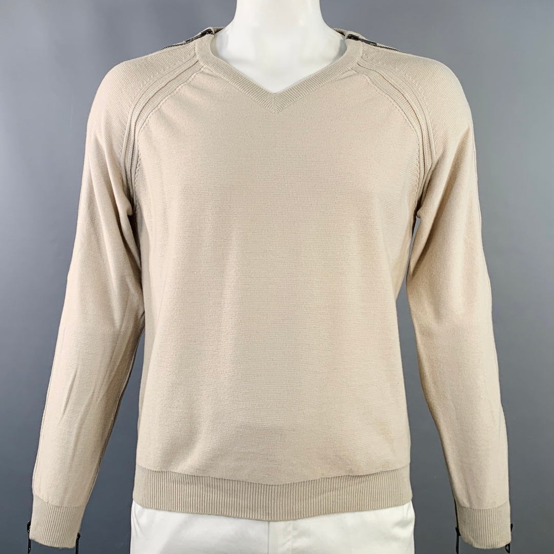 BURBERRY LONDON Size L Beige Silver Wool Cotton V-Neck Zipper Trim Sweater
