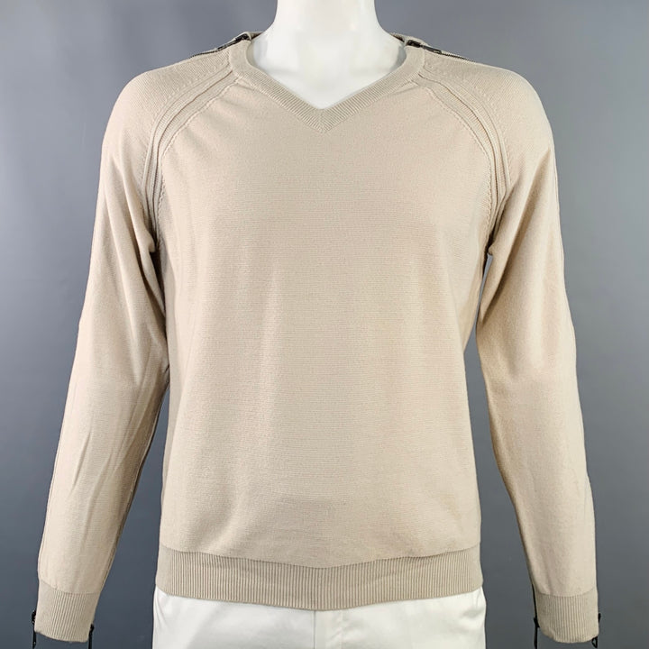 BURBERRY LONDON Size L Beige Silver Wool Cotton V-Neck Zipper Trim Sweater
