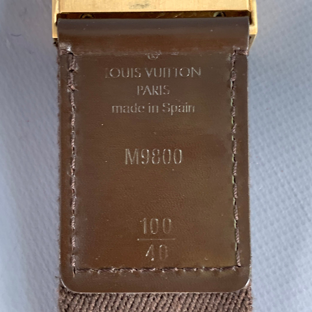 LOUIS VUITTON Size 40 Inventeur Brown Gold Logo Canvas Box Buckle Belt