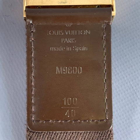 LOUIS VUITTON Size 40 Inventeur Brown Gold Logo Canvas Box Buckle Belt