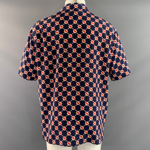 GUCCI Size M Navy Red & White Monogram Silk Pop Over Short Sleeve Shirt