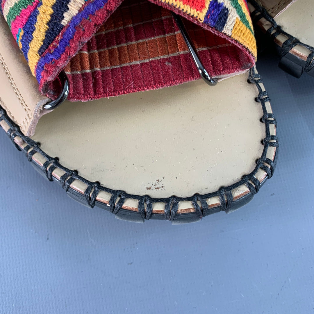 VALENTINO Size 10.5 Tan Multi Color Embroidery Leather Straps Sandals