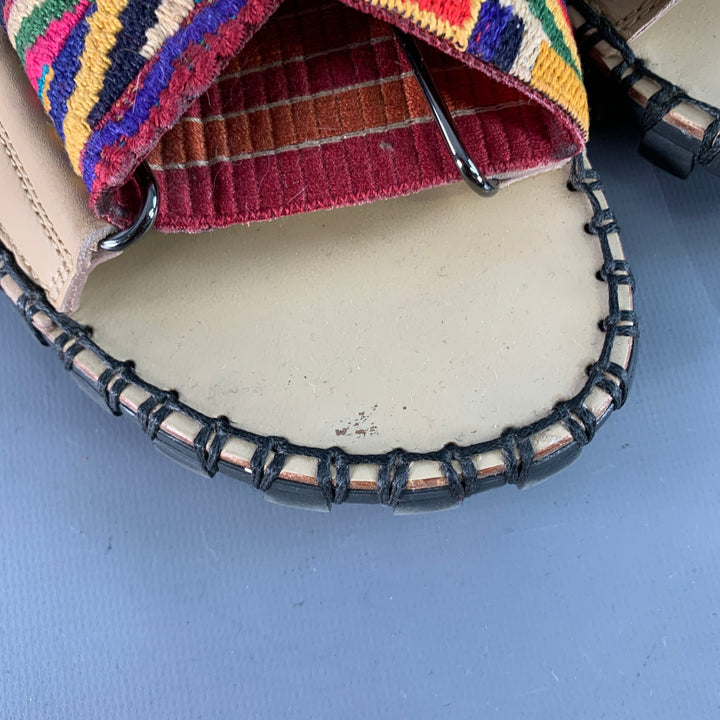 VALENTINO Size 10.5 Tan Multi Color Embroidery Leather Straps Sandals