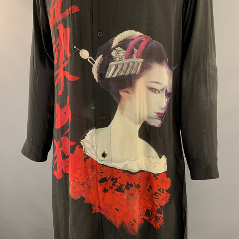 YOHJI YAMAMOTO Size L Black Red Graphic Tencel Tunic Long Sleeve Shirt