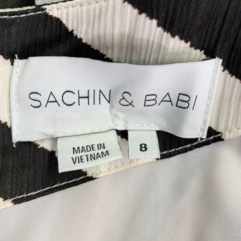 SACHIN & BABI Size 8 Brown Cream Polyester Stripe Short Sleeve Long V-Neck Dress