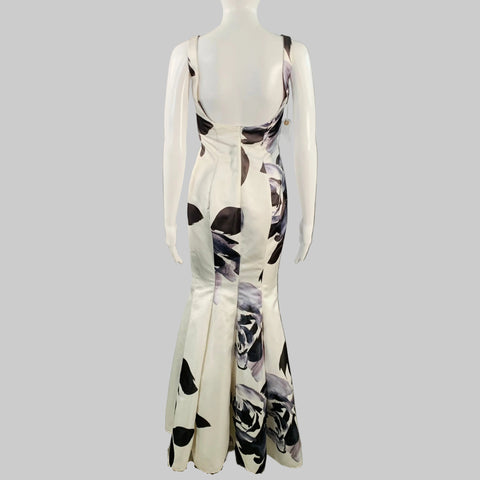 PRABAL GURUNG SS10 Size S White Black Silk Floral V-Neck Mermaid Evening Gown