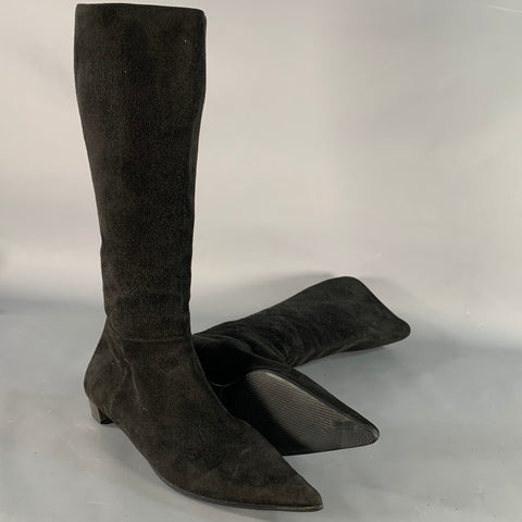PRADA Size 7.5 Black Silver Suede Back Zip Pointed Toe Calf High Boots