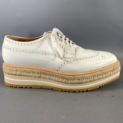 PRADA Size 10 White Tan 2EG015 9 Leather Platform Lace Up Shoes