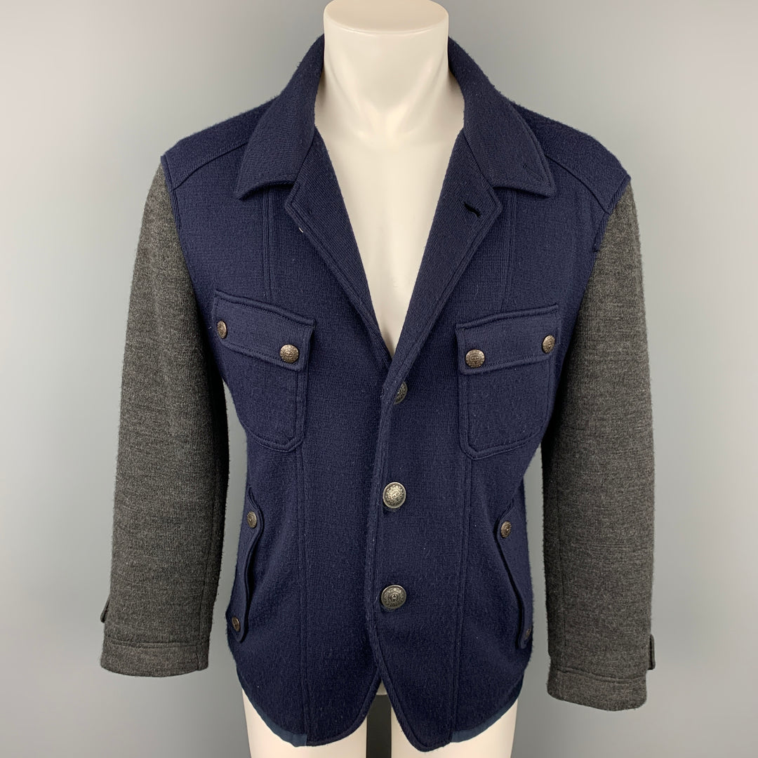 JUST CAVALLI Chaqueta de punto color block azul marino y gris talla L