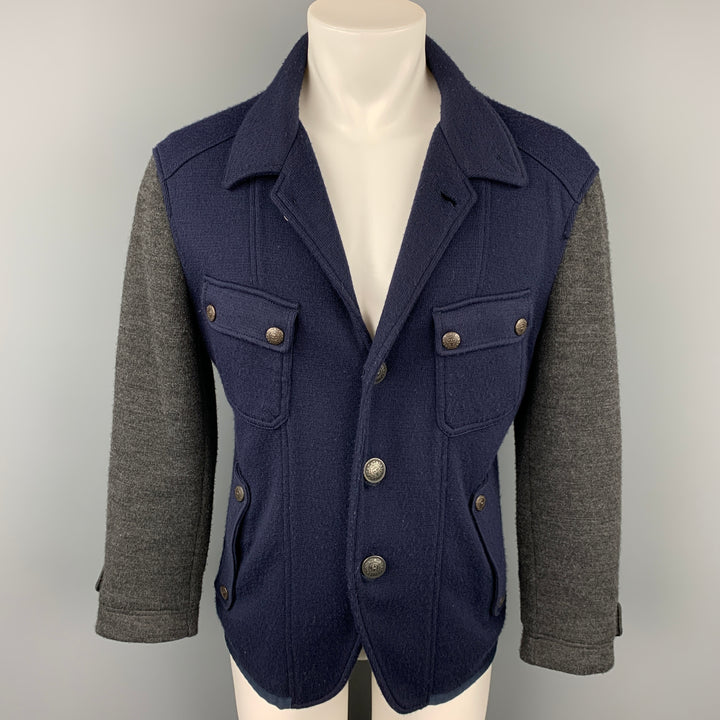 JUST CAVALLI Chaqueta de punto color block azul marino y gris talla L