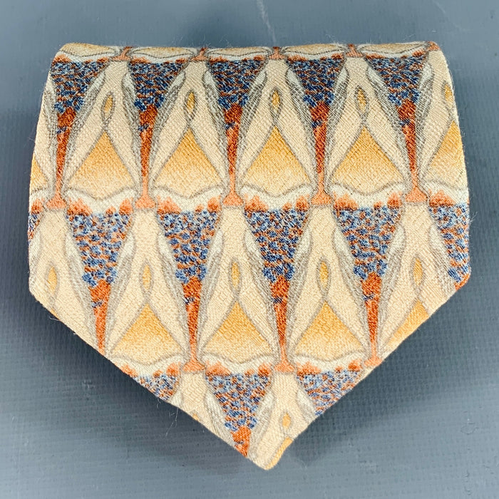 ERMENEGILDO ZEGNA Beige Blue Abstract Triangles Silk Tie