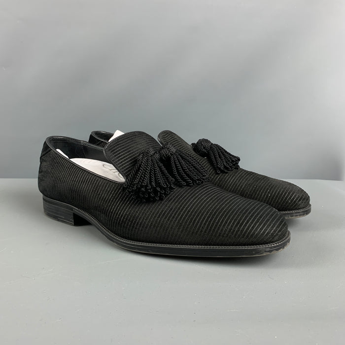 JIMMY CHOO Size 10.5 Black Stripe Suede Tassels Loafers
