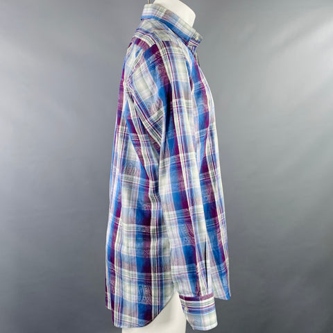 ETRO Size M Blue Purple Plaid Cotton Button Up Long Sleeve Shirt