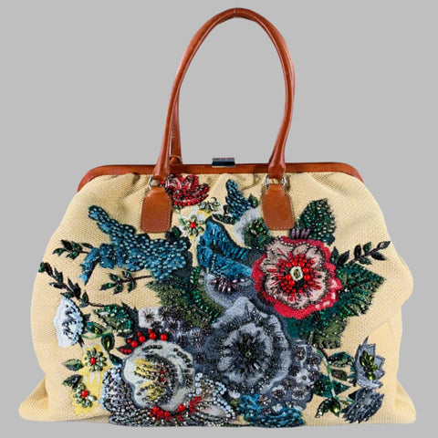 VALENTINO Beige Multi Color Woven Leather Beaded Raffia Handbag
