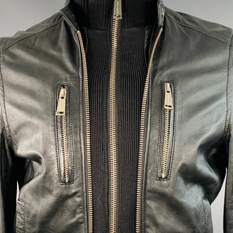 DSQUARED2 Size 38 Black Lambskin Leather Knit Trim Double Zipper Jacket