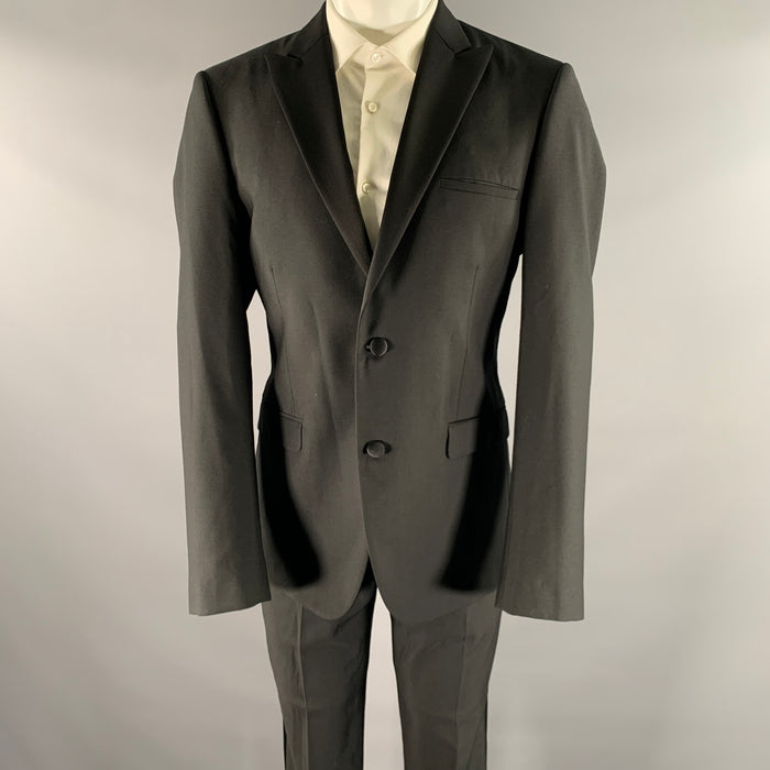 CALVIN KLEIN Size 42 Black Wool Peak Lapel Tuxedo Suit
