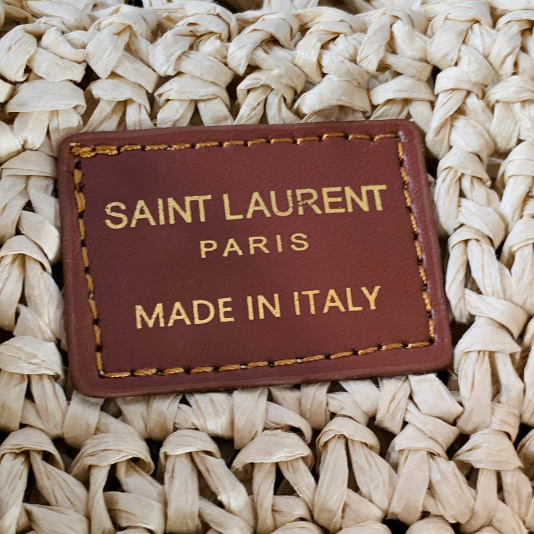 YVES SAINT LAURENT Icare Maxi Gold Natural Crochet Raffia Logo Tote Handbag