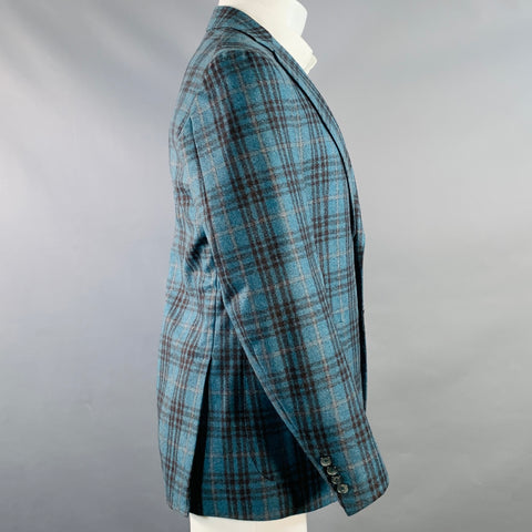 ISAIA Size 38 Regular Blue Brown Plaid Wool Notch Lapel Sport Coat