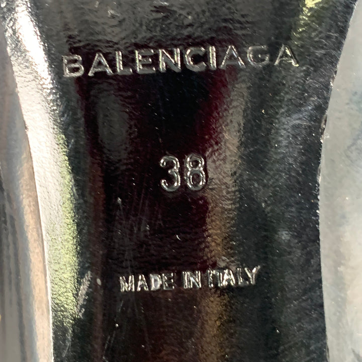 BALENCIAGA Size 8 Black Gold Logo Patent Leather Ankle Kitten Heel Boots