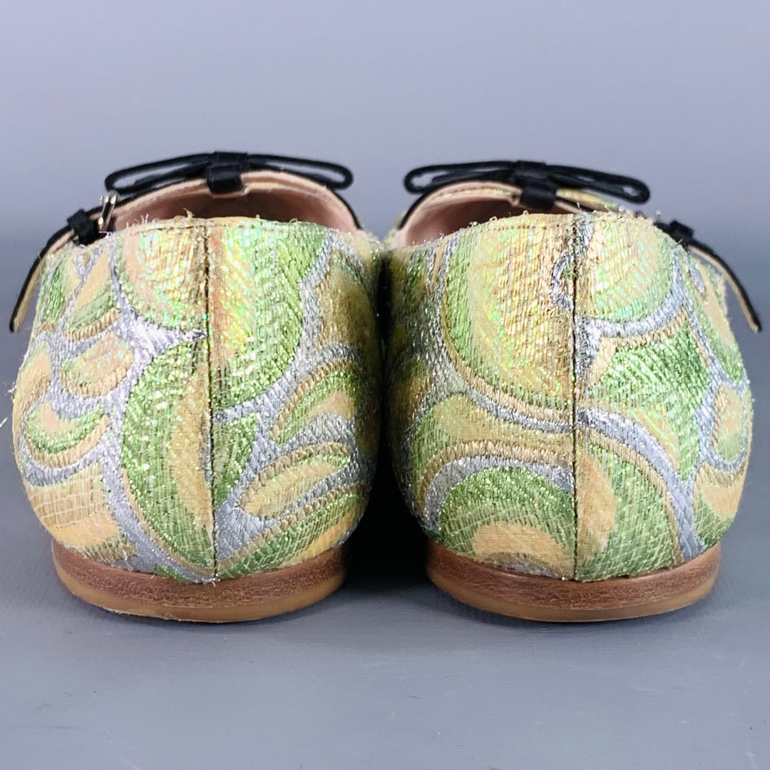 MIU MIU Size 8.5 Green Silver Paisley Textured Pointed Toe Bow Flats