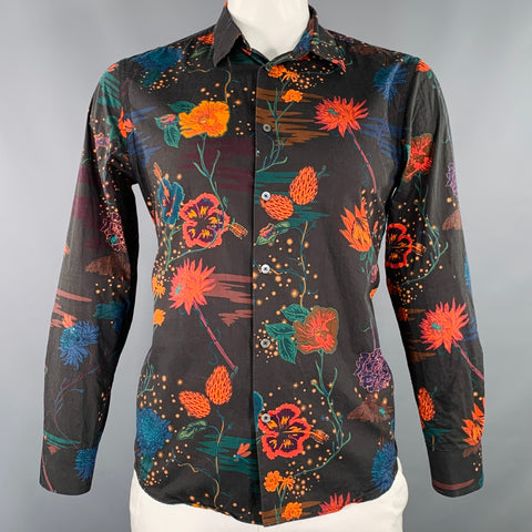 PAUL SMITH Size L Black Orange Floral Cotton Long Sleeve Shirt