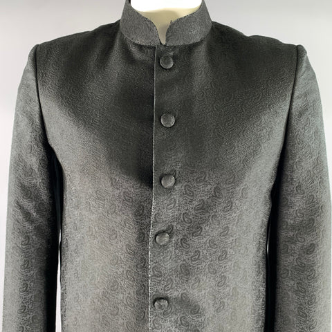 CUSTOM MADE Size 42 Black Paisely Jacquard Nehru Collar Coat