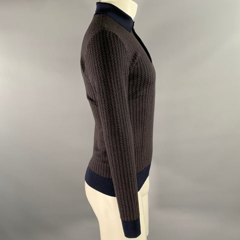 EMPORIO ARMANI Size S Brown Navy Herringbone Wool Blend Polo Sweater