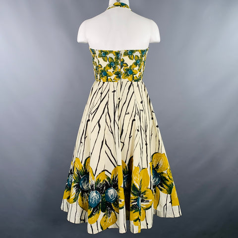 GIRLS FROM SAVOY Size 0 Cream Yellow Cotton Floral Halter Knee Length Dress