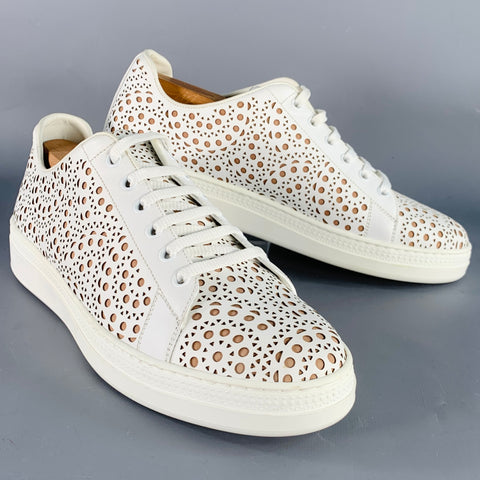 ALAIA Size 8 White Tan Laser Cut Leather Lace-Up Low Top Sneakers