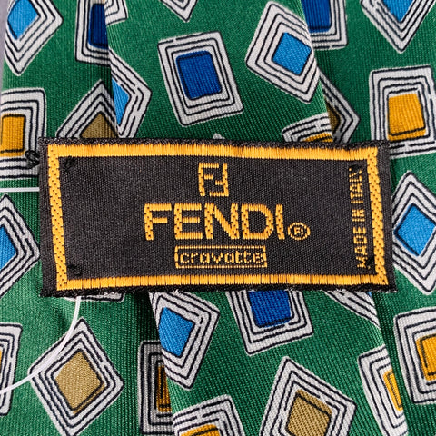 FENDI Green Blue Squares Silk Tie