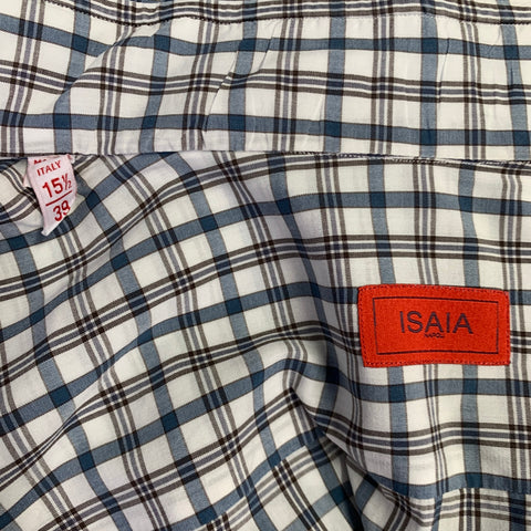 ISAIA Size M White Green Plaid Cotton Spread Collar Long Sleeve Shirt