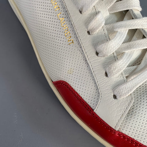SAINT LAURENT Size 10 White Red Perforated Leather Color Block Low Top Sneakers