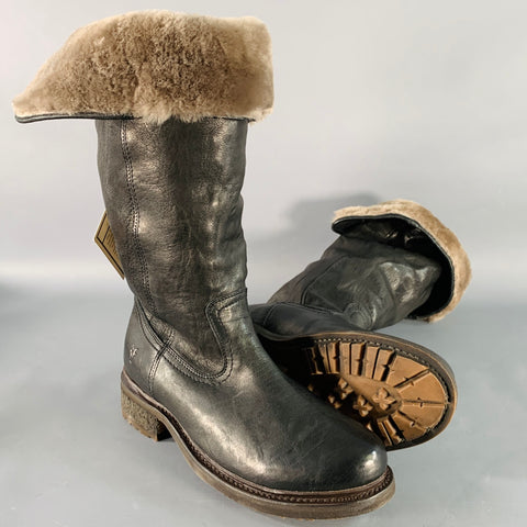 FRYE Size 7 Valerie Black Leather Foldover Shearling Pull On Boots