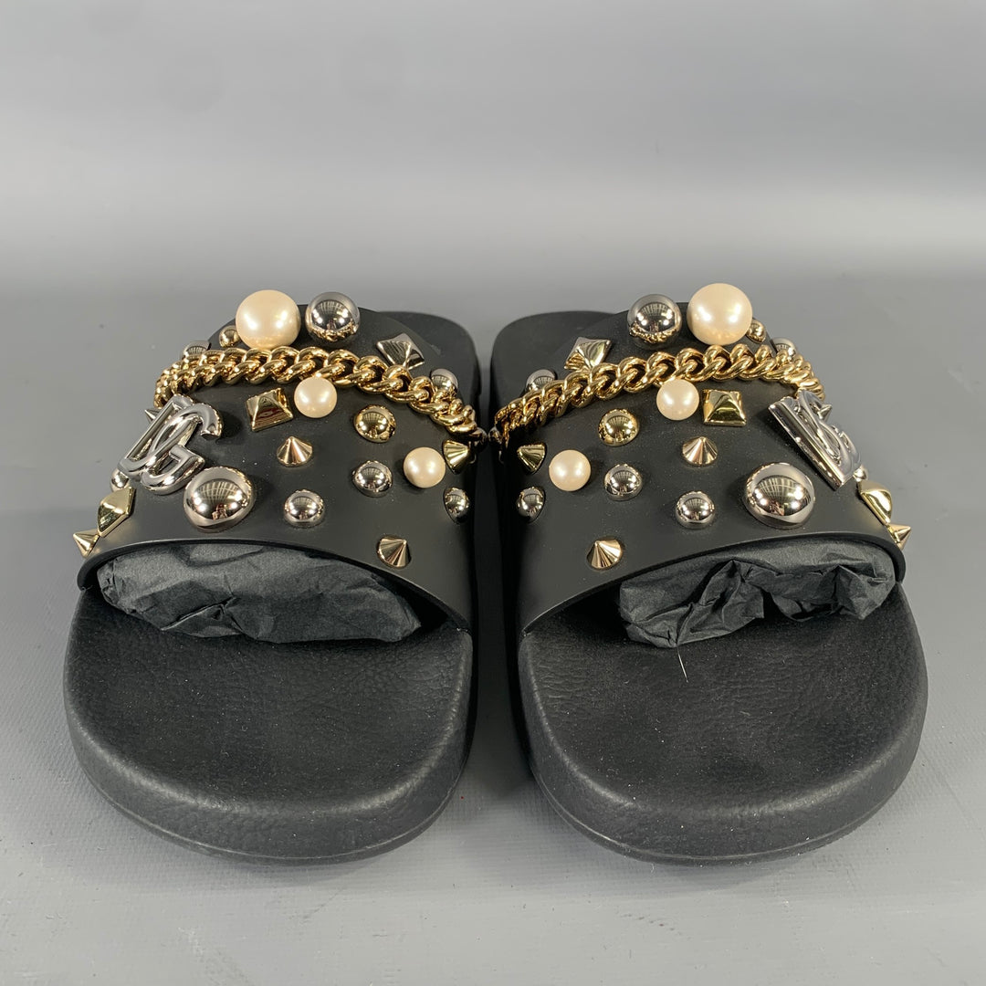 DOLCE & GABBANA Size 9 Black Metallic Studded Slide Sandals