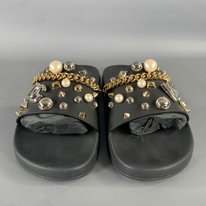 DOLCE & GABBANA Size 9 Black Metallic Studded Slide Sandals