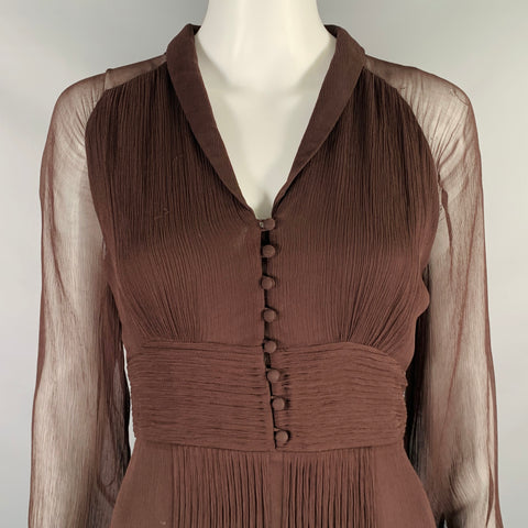 MASSIMO DUTTI Size S Brown Viscose See Through Long Sleeve Dress