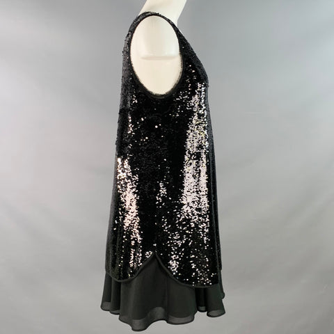 EMPORIO ARMANI Size 2 Black Polyester Blend Sequined V-Neck Layered Tank Dress
