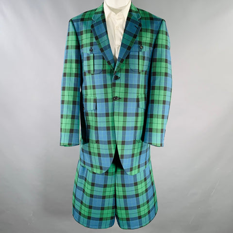 KIDILL AW22 Size 36 Green Blue Black Plaid Oversized Polyester Blend Shorts Suit