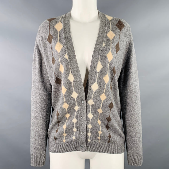 JAEGER Size M Grey Cream Cashmere Diamond V-Neck Cardigan