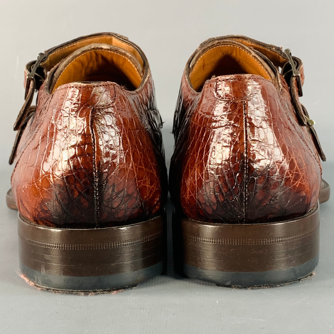 MEZLAN Size 11 Brown Crocodile Leather Double Monk Strap Loafers