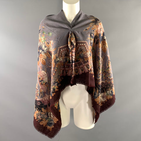 NO BRAND Burgundy Grey Floral Wool & Silk Shawl