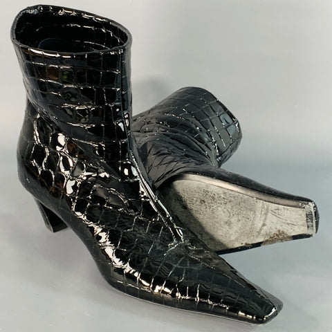 KHAITE Size 9.5 Black Alligator Patent Leather Kitten Heel Ankle Boots