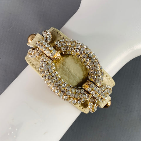 Bracelet manchette VINTAGE en cuir crème et doré avec strass et boutons-pression