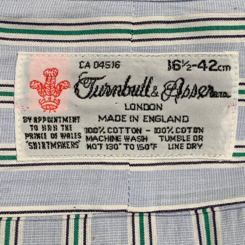 Chemise manches longues à poignets mousquetaires en coton à rayures bleues et vertes, taille L, de la marque TURNBULL & ASSER