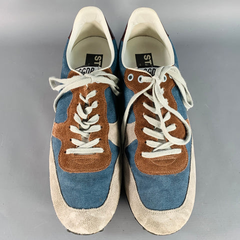 GOLDEN GOOSE STARLAND Size 11 Blue Grey Brown Color Block Canvas Suede Low Top Sneakers