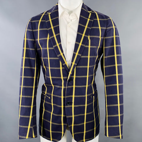 Veste de sport PIOMBO taille 40 en coton bleu marine et jaune à carreaux, revers cranté
