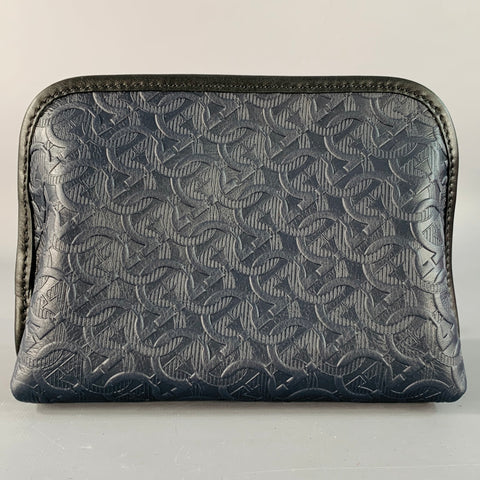 SALVATORE FERRAGAMO One Size Navy Embossed Gancini Logo Calf Leather Toiletry Bag