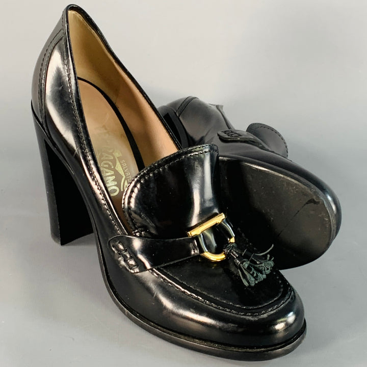 SALVATORE FERRAGAMO Size 9 Black Tassels Stacked Heel Loafer Pumps